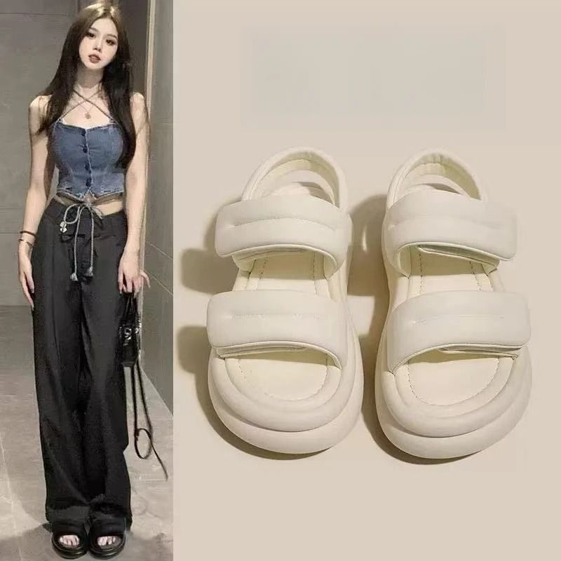 梦孜百丽踩屎感凉鞋女2025款夏季外穿百搭罗马鞋魔术贴运动沙滩鞋