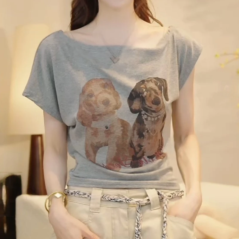 夏季设计师个性露肩狗狗短袖体恤上衣女LK2503933