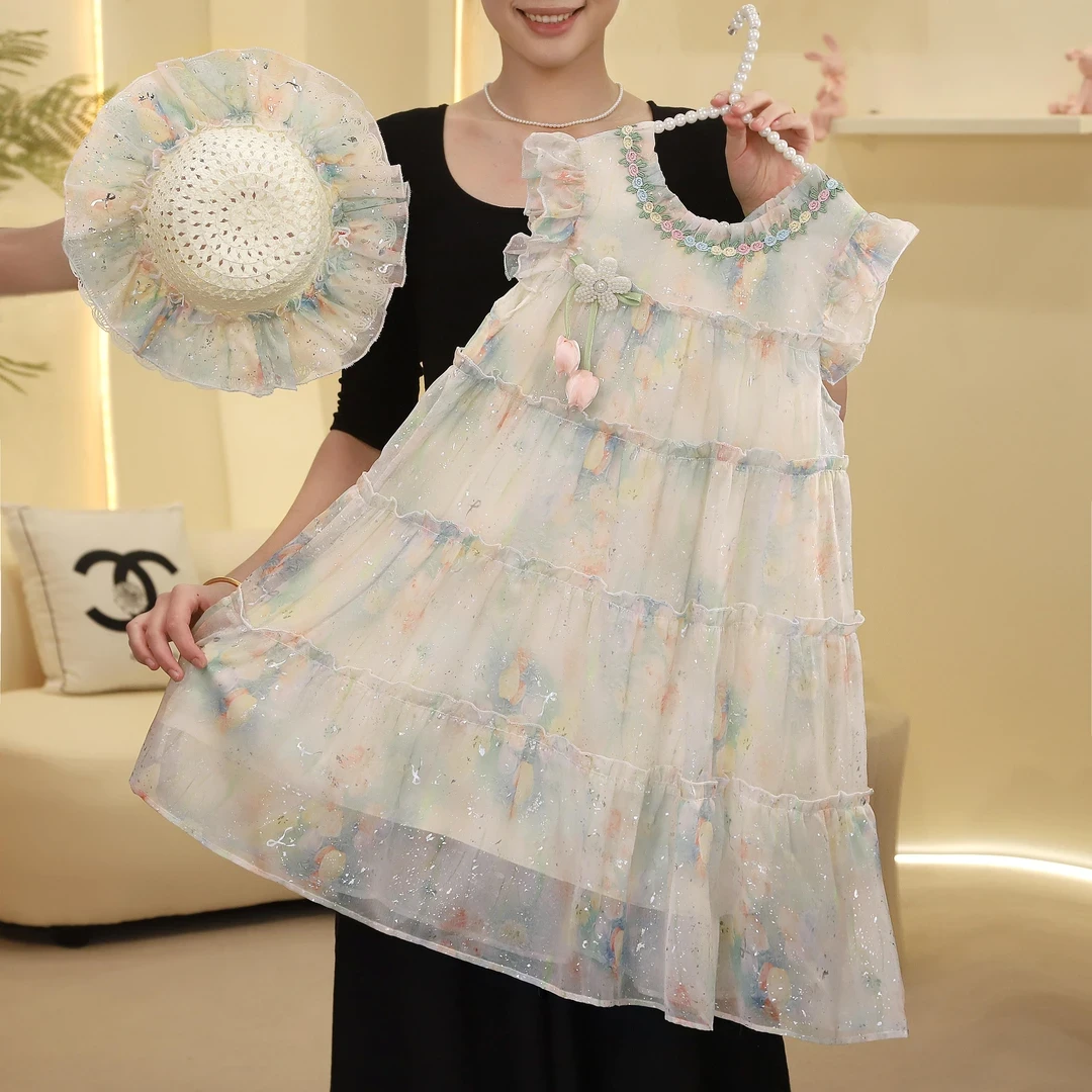 女童连衣裙2025夏季高级感碎花撒银挂脖连衣裙公主裙5230001728
