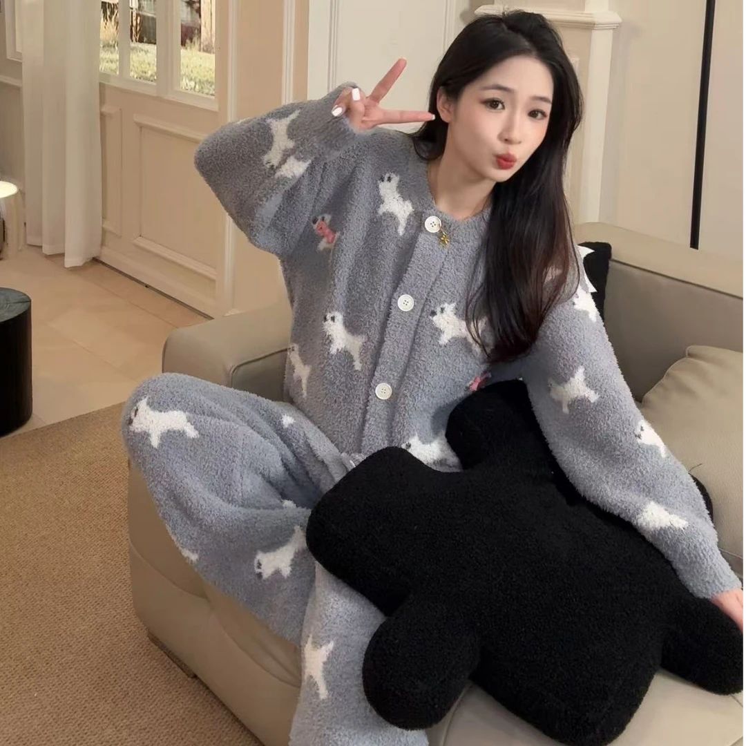 VINEEMAN【狗狗派对】半边绒睡衣女款秋冬季加绒加厚保暖软绵绵毛绒