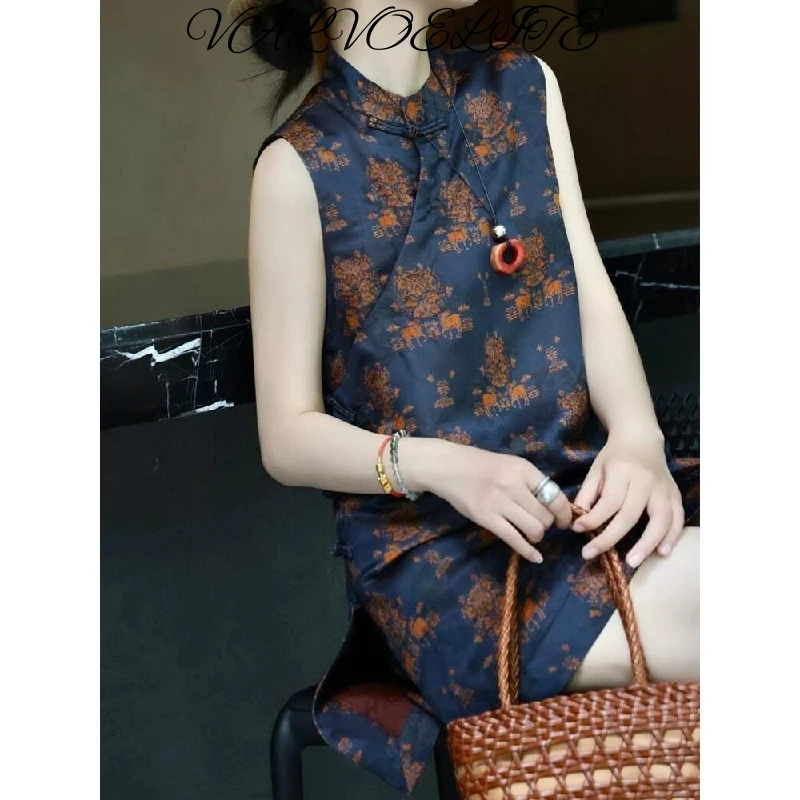 新中式女装蓝色斜襟盘扣无袖衬衫中长款复古风上衣坎肩背心