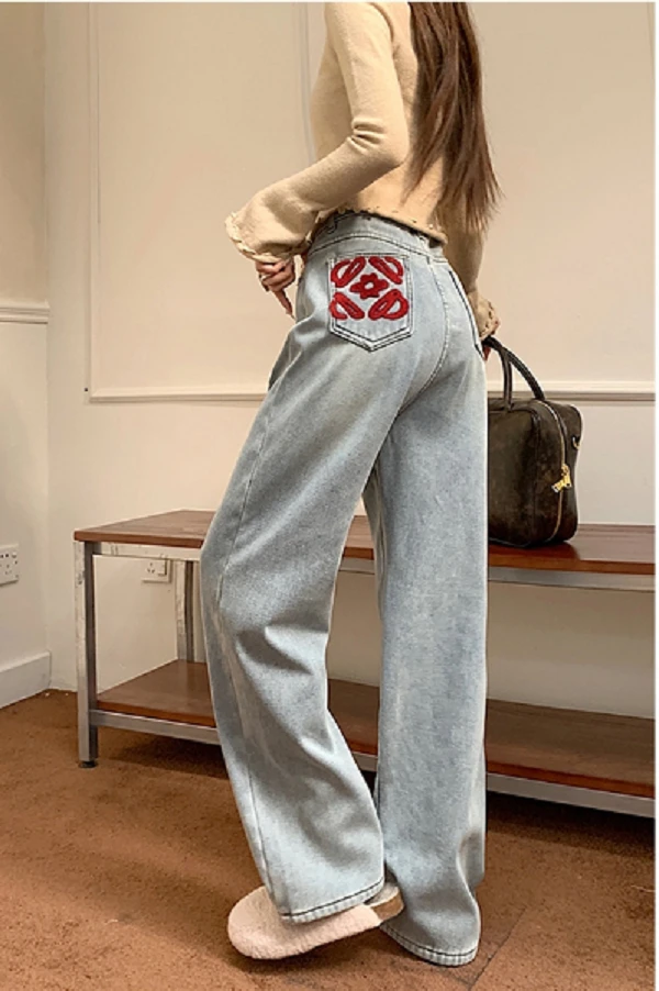 刺绣阔腿牛仔裤女夏季大码胖mm梨形身材显瘦拖地裤子KX66588