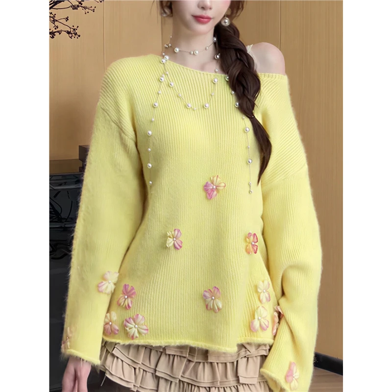 黄色韩系时尚洋气减龄长袖针织衫立体花朵设计感毛衣2025秋冬新款
