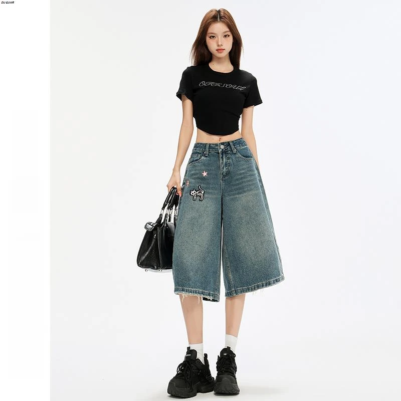 美式复古破洞刺绣七分牛仔短裤夏季薄款设计感宽松高腰阔腿裤子女