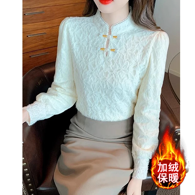 季念保暖蕾丝打底衫女秋冬加绒加厚新款小衫新中式盘扣长袖女上衣