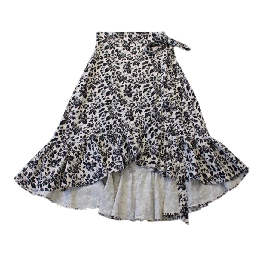 R 老钱风 女款 新标女装100%麻料黑白色花卉图案半身裙 原