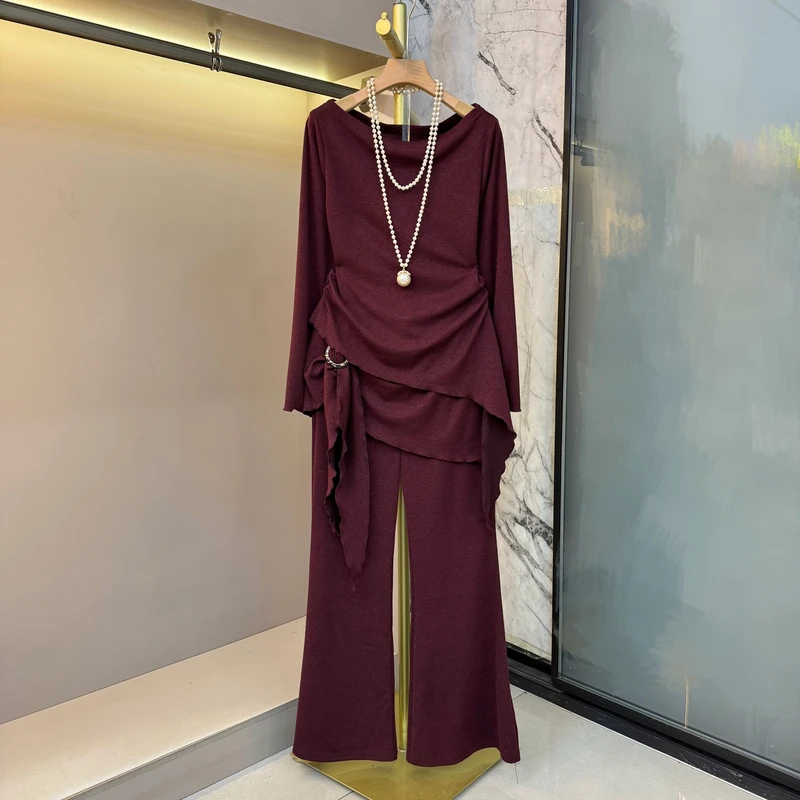 秋2025新款韩版时尚气质显瘦高级感上衣+高腰拼接裤两件套7285