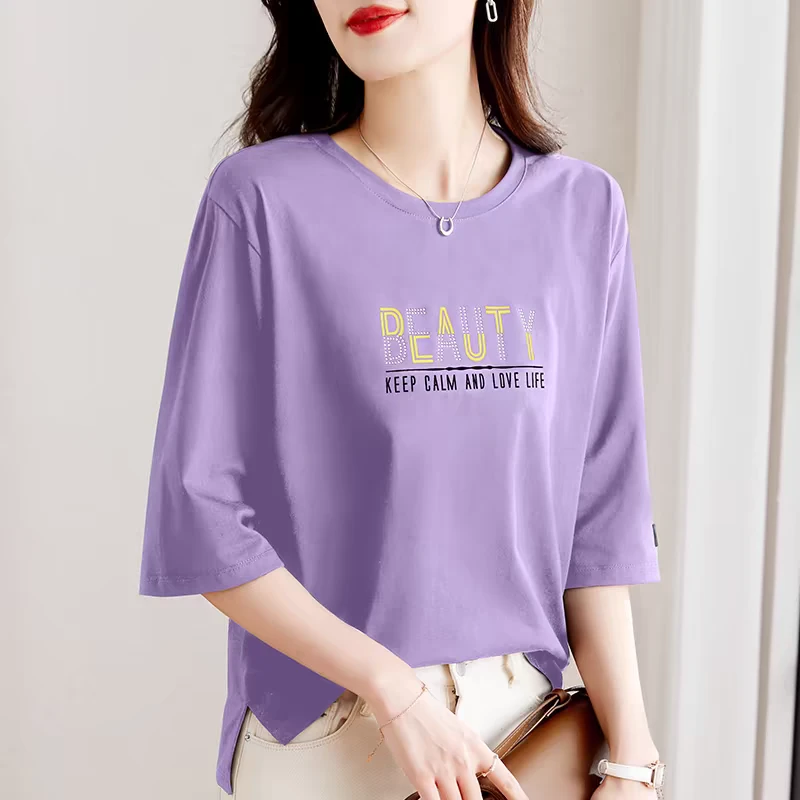 凉感精梳棉圆领七分袖t恤女士春夏2026新款宽松中袖洋气紫色上衣