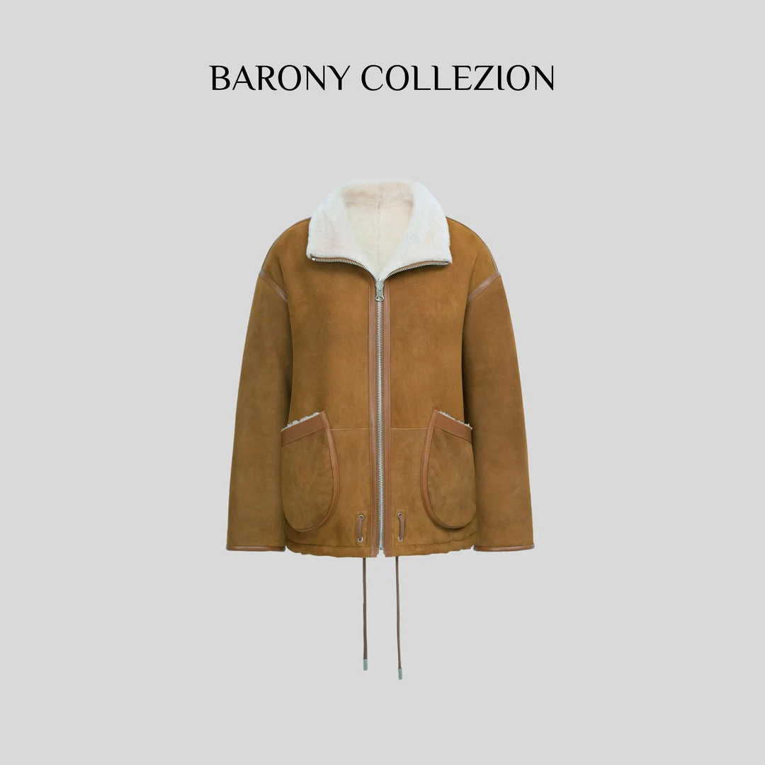BARONY/86009【反季福利】时尚减龄绒面进口美利奴皮草外套皮毛一体