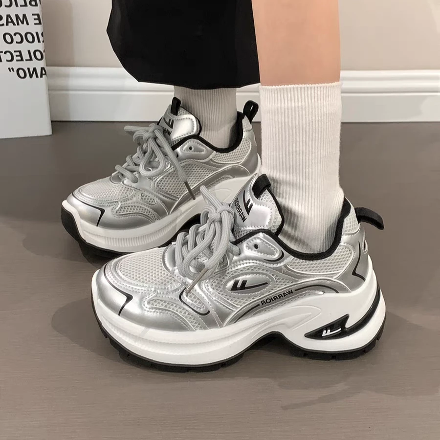 Warrior/回力银色老爹鞋女厚底夏季透气网面休闲百搭复古运动鞋