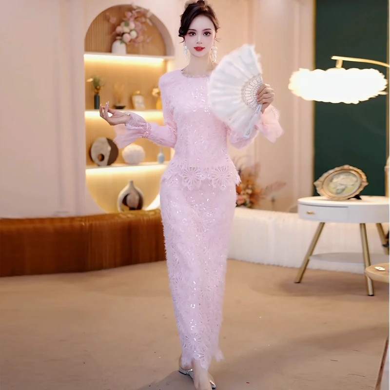 2024冬季新款轻奢名媛设计师套装修身显瘦内搭洋气蕾丝两件套6103