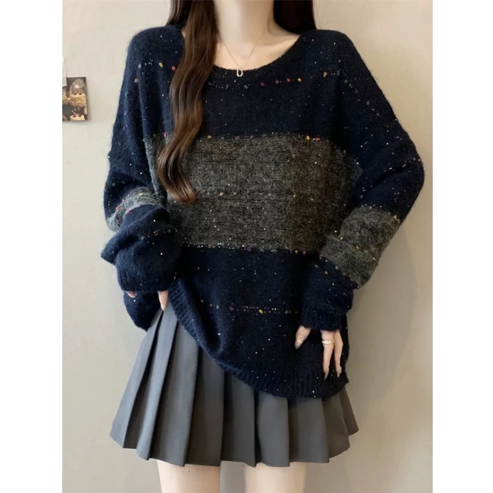 JoJo//羊毛混纺-【彩豆】春秋长袖撞色亮片彩纱女针织衫