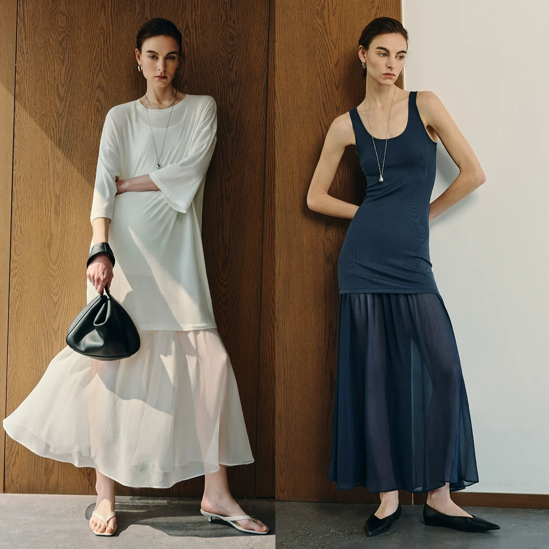 开间/懒人B备 極简拼接轻透chao弹背心裙宽松仙气薄透T恤套装