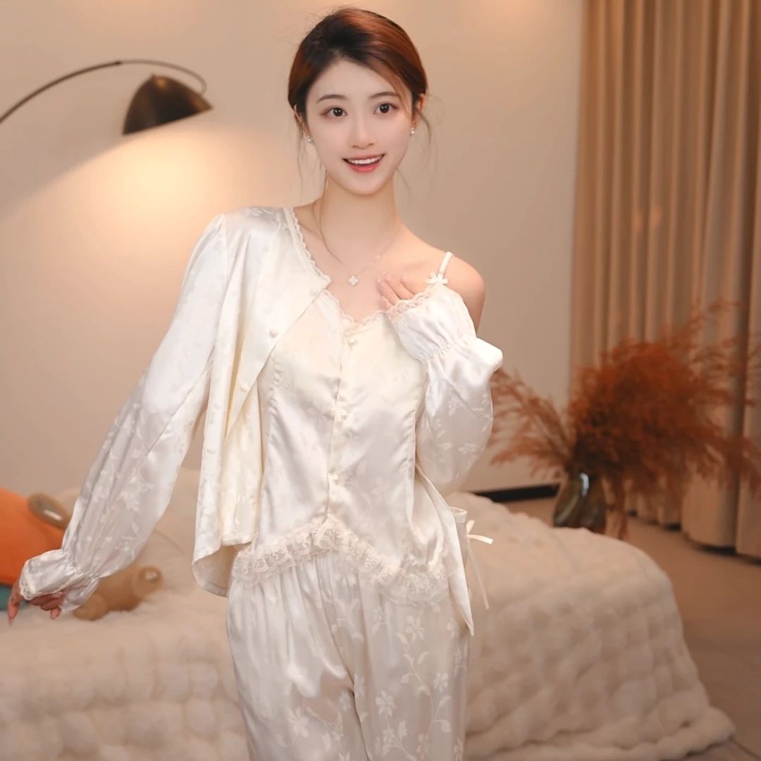 【朝与四件套】2025新款睡衣女春秋季性感蕾丝吊带家居服套装