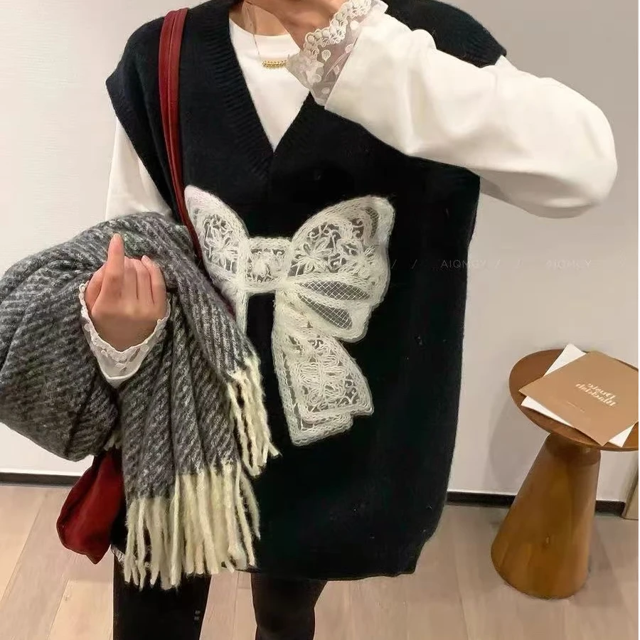 马夹马甲针织拼接黑色气质长款韩版宽松蝴蝶结女甜美风红色马甲