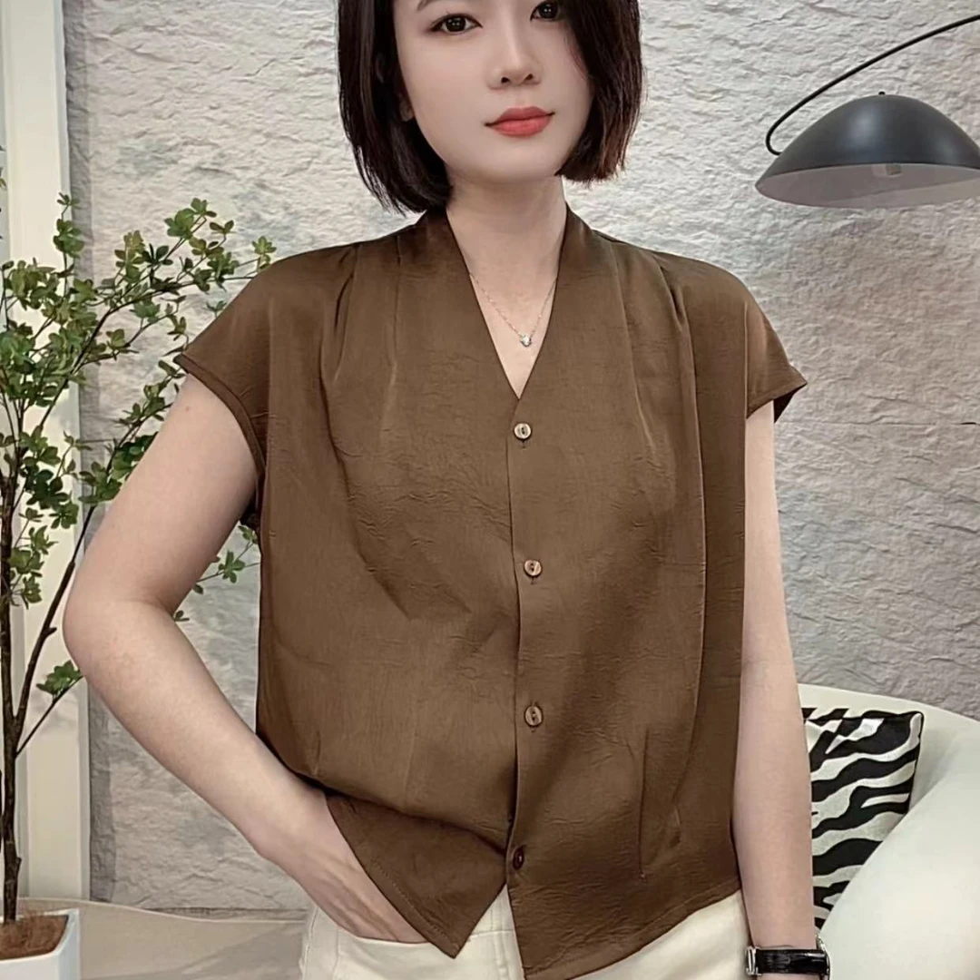 2025夏季新款女大气华尔缎丝滑冰感洋气显瘦百搭时尚衬衫上衣