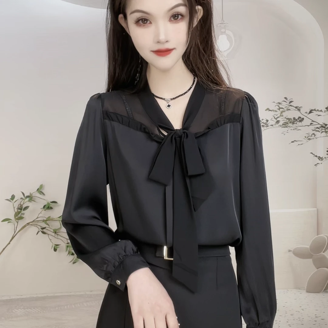 长袖衬衫女气质时尚拼接洋气百搭系带设计感女士法式宽松衬衣