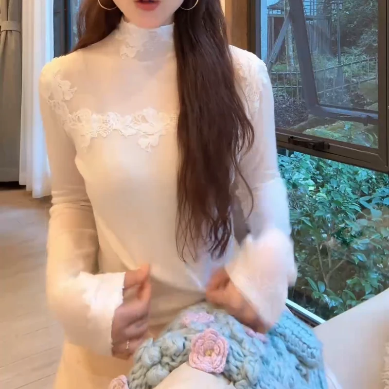 秋冬新款拼接刺绣蕾丝花边半高领显瘦针织打底衫LK2508012