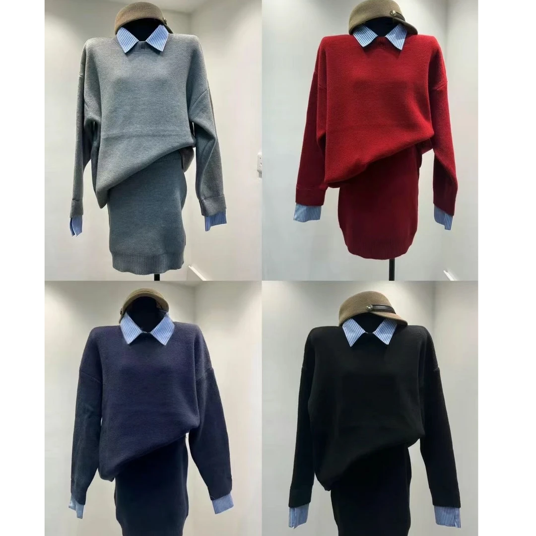 2024时尚套装假两件拼接Polo领加厚毛衣女冬季高腰包臀短裙两件套