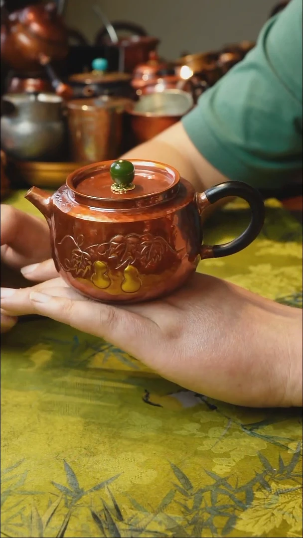 紫铜福禄泡茶壶木把