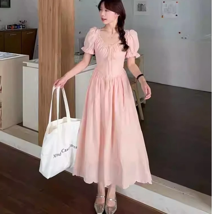 温柔风甜美荷泡泡袖提花刺绣连衣裙粉色夏季法式长款宽松显瘦