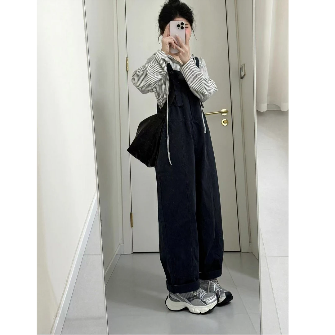 日系黑色工装背带裤女2025春夏季小众新款小个子韩系连体裤两件套