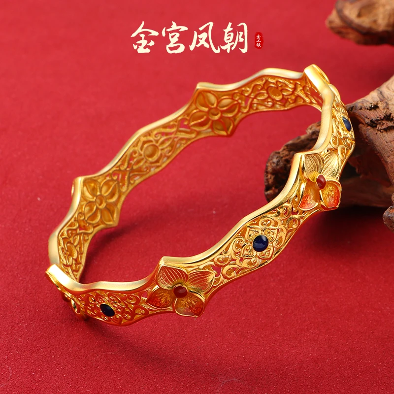 足银手镯 金宫凤朝花澜花丝手镯传承古风国风珐琅镂空足银999