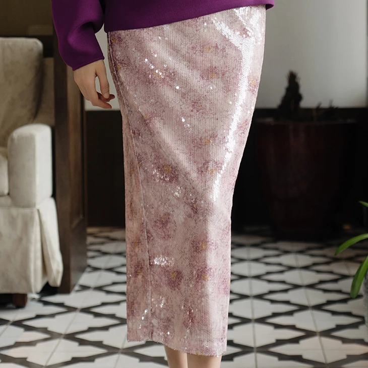 四美子远山紫雾秋冬款紫色珠片半裙直筒裙原创高级感新中式国风