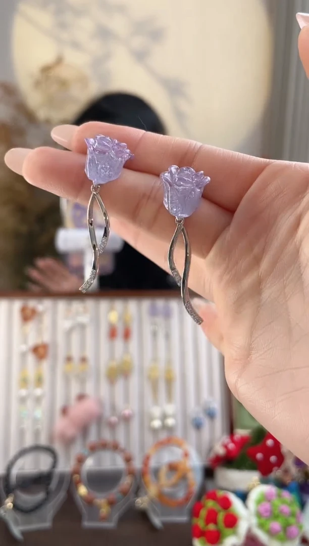 铜合金925银无紫色玫瑰耳钉