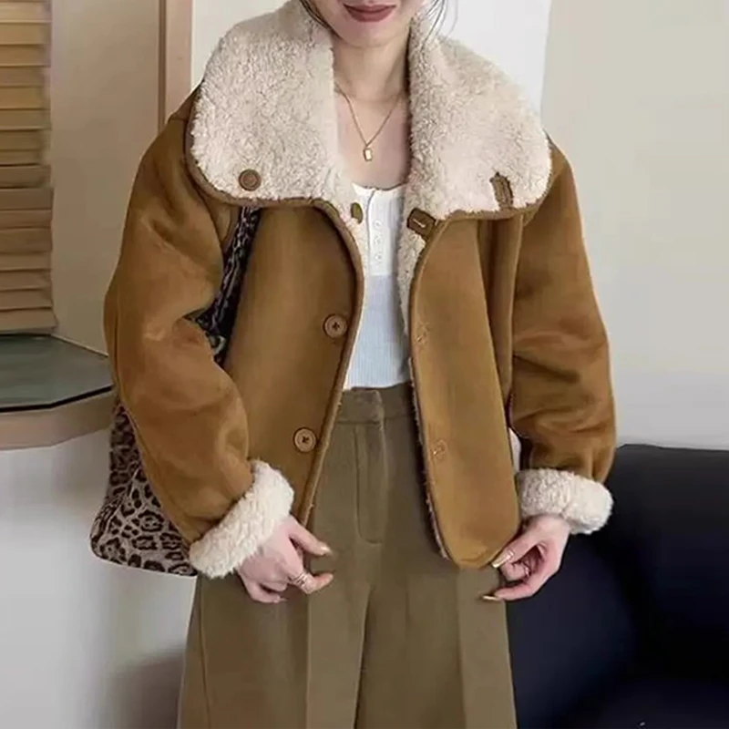 加绒加厚百搭简约宽松外套女2025冬季新款长袖纽扣开衫显瘦棉服潮