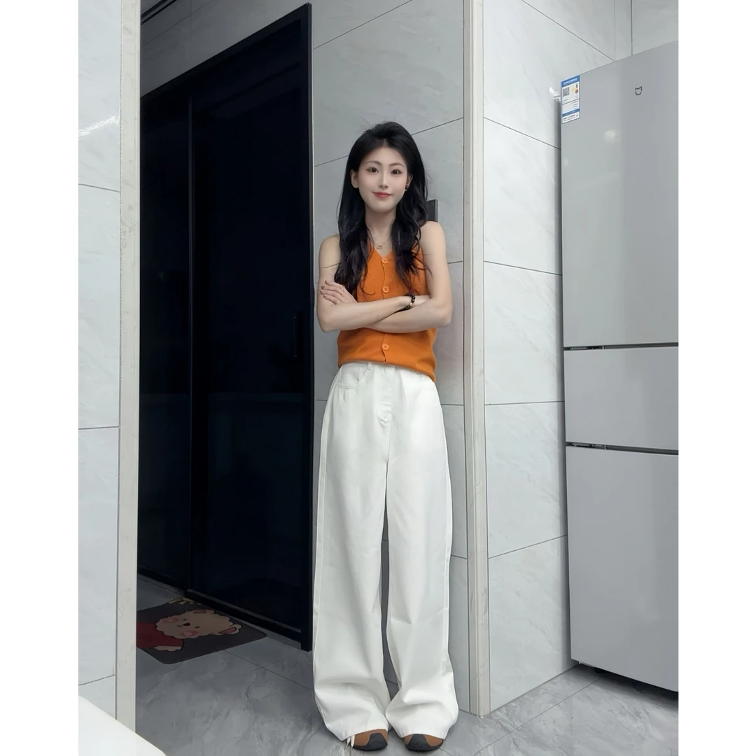 白色提臀慵懒松弛感宽松阔腿垂感女夏季高腰显瘦直筒长裤子