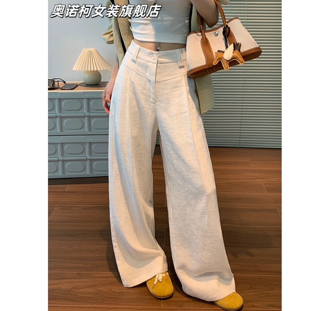 奥诺柯白色亚麻阔腿裤女秋2025新款高腰宽松垂感慵懒风休闲西装裤