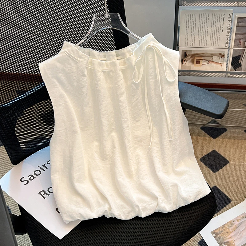 2025新款高级显瘦多巴胺穿搭无袖衬衫女夏设计感抽绳系带花苞上衣
