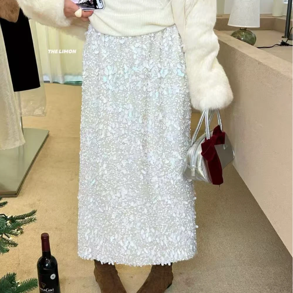 2025新款大码高级亮片高腰直筒裙百搭显瘦