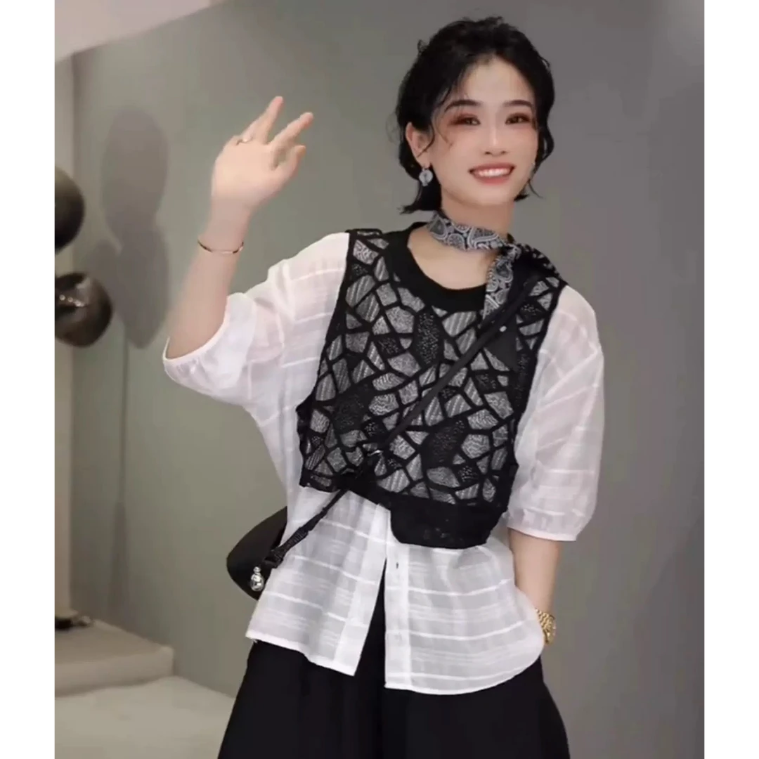 设计感假两件蕾丝拼接短袖衬衫女2025夏季新款时尚百搭宽松衬衣潮