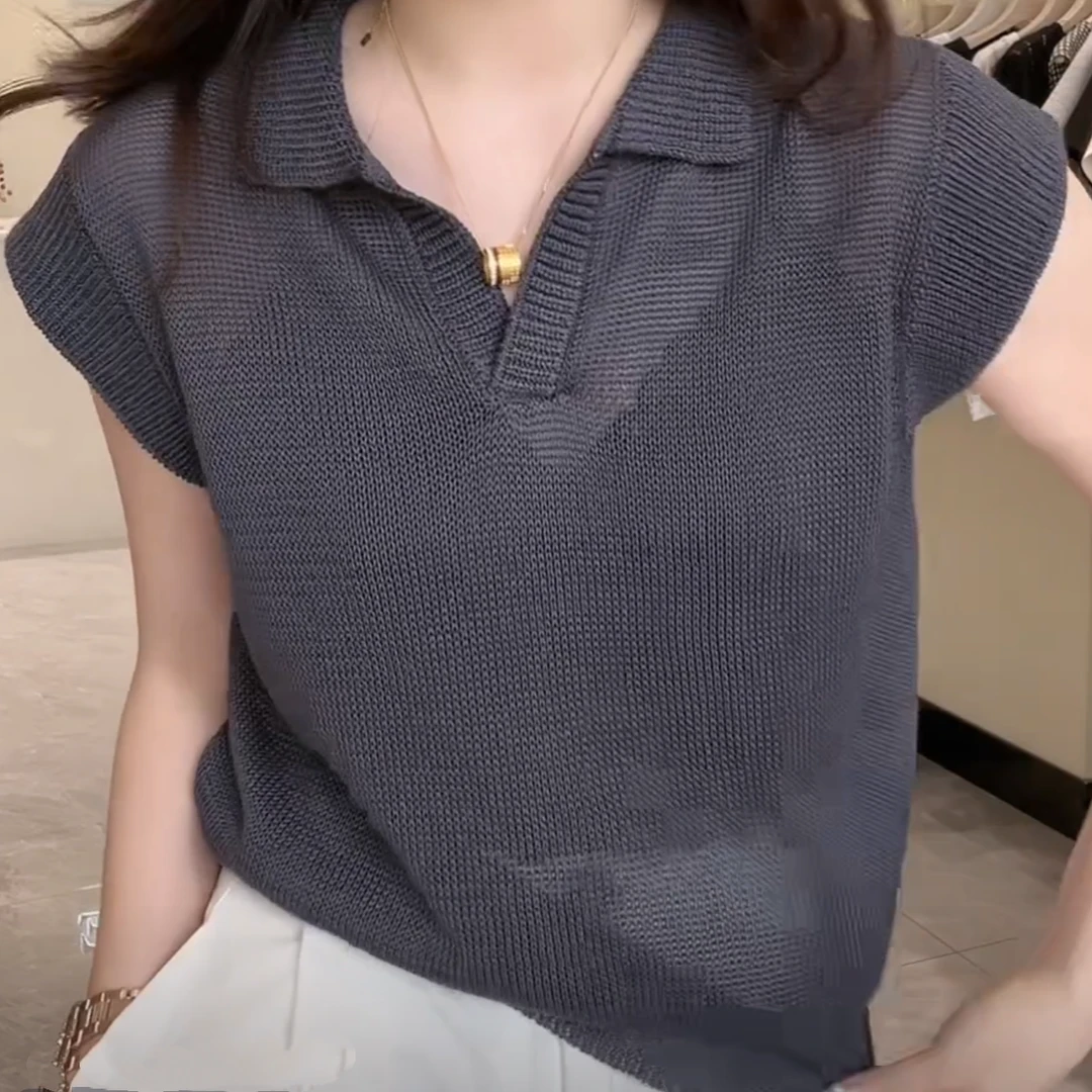 韩版简约Polo领针织短袖百搭纯色气质上衣2025年夏季新款显瘦上衣