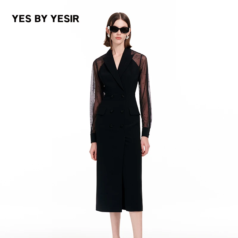 YES BY YESIR叶谦设计师品牌职场全开纱袖西服连衣裙
