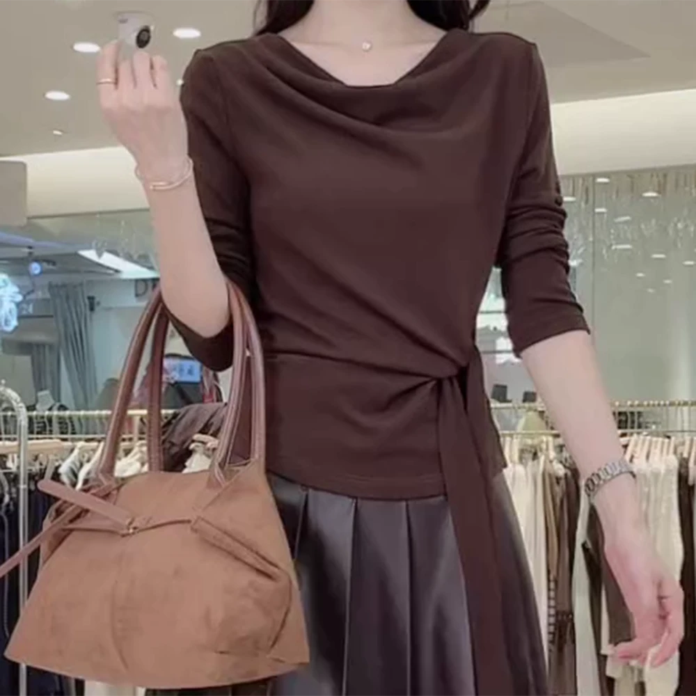 【烟雨绵绵】2025秋季新款修身系带T恤上衣C5835