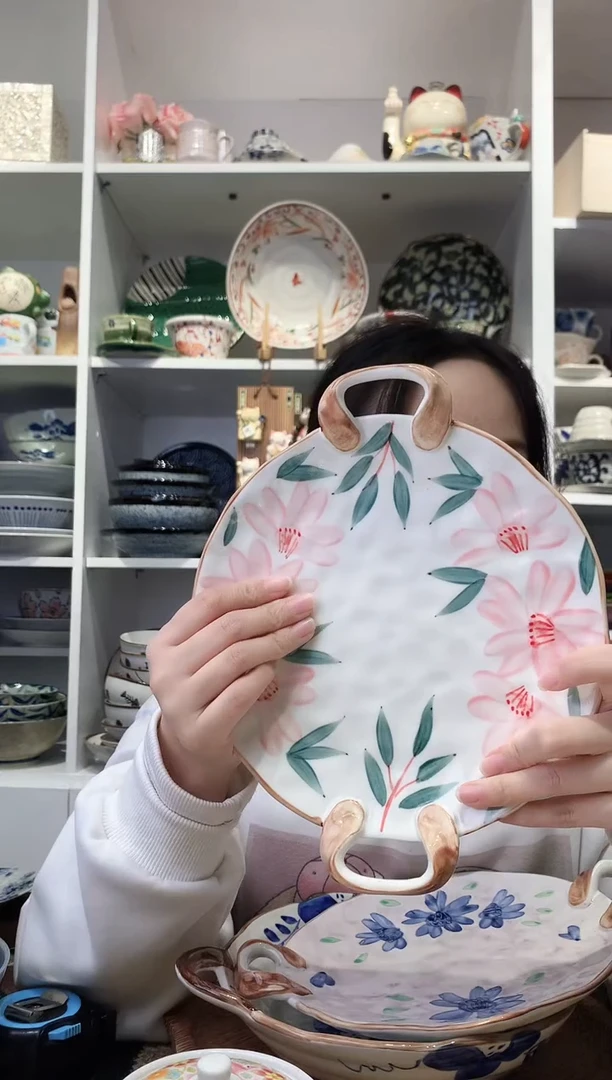 陶瓷【清仓】手绘粉花双耳平盘