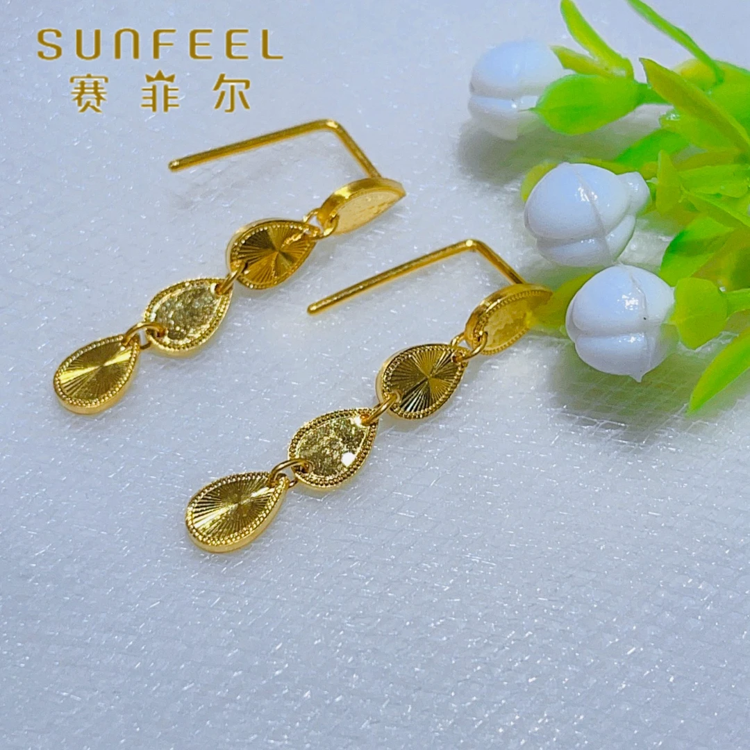 SUNFEEL/赛菲尔黄金万足®足金长款水滴7字钩黄金耳饰高级欧美风