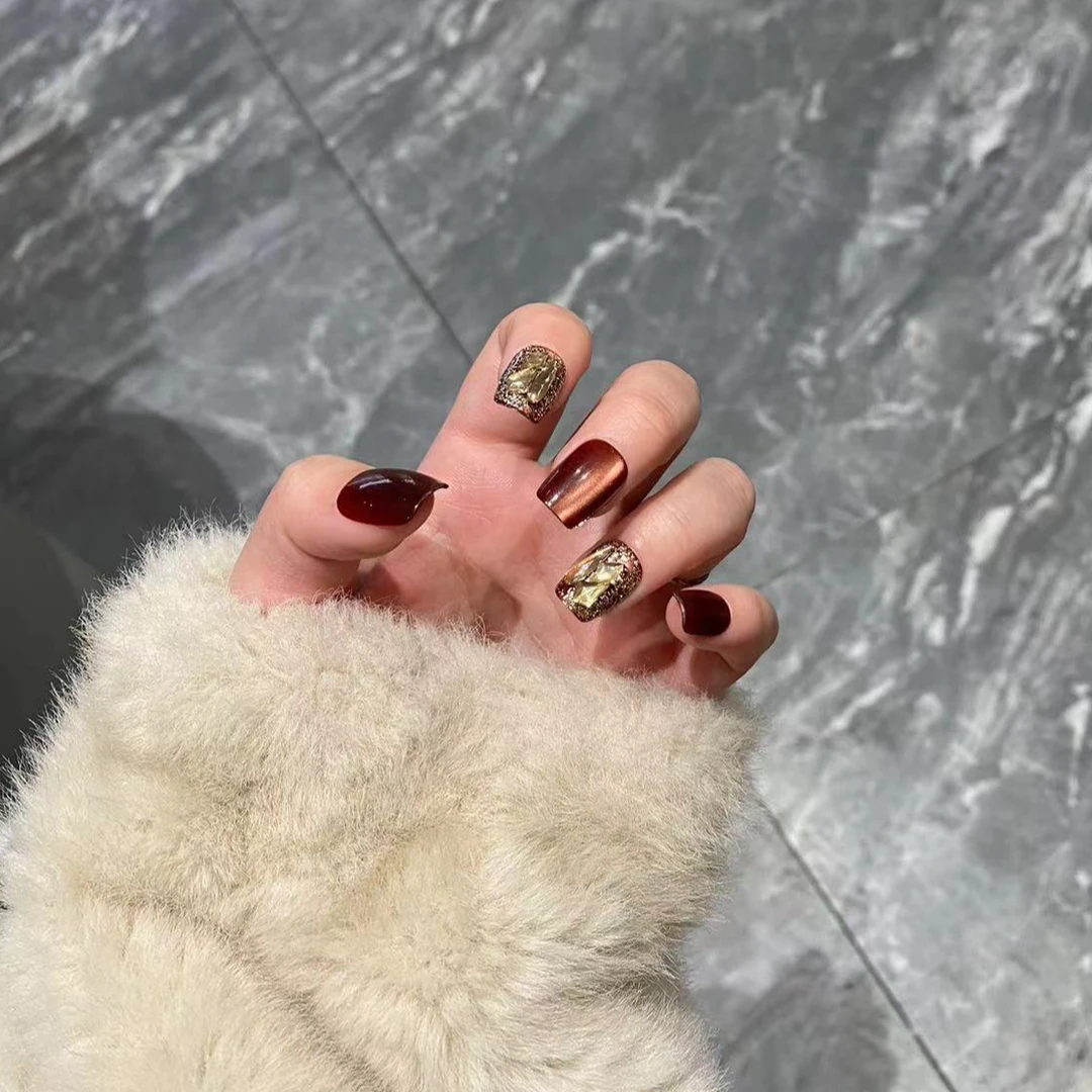 酒红碎钻猫眼手工穿戴甲成品预制甲片可拆卸手指甲美甲猫眼短短T