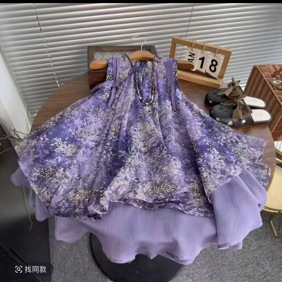 女童紫色梦幻千金风吊带公主连衣裙夏季儿童无袖裙子