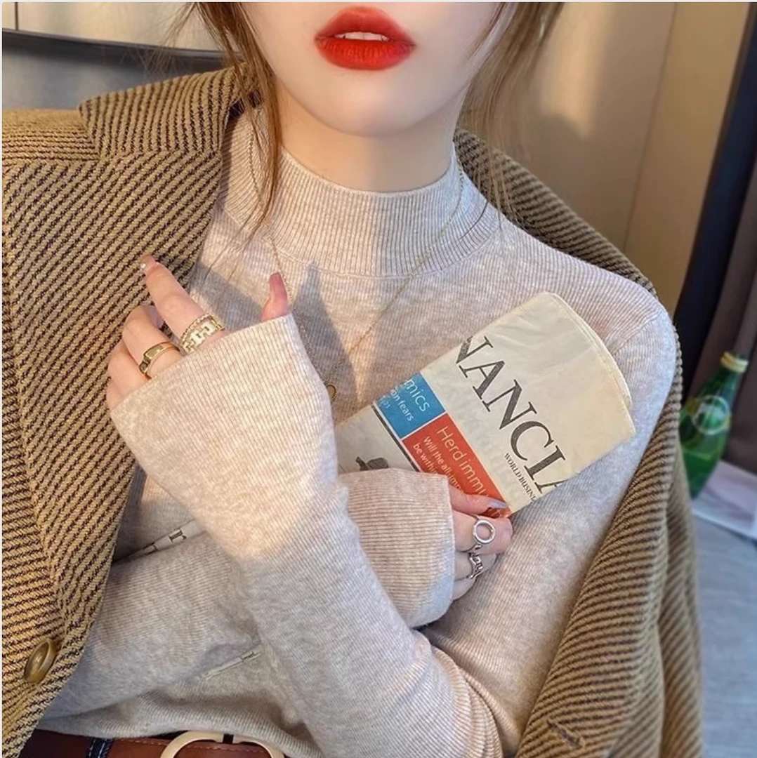 【现货发】秋冬针织衫女内搭打底衫百搭显瘦上衣半高领长袖毛衣6874