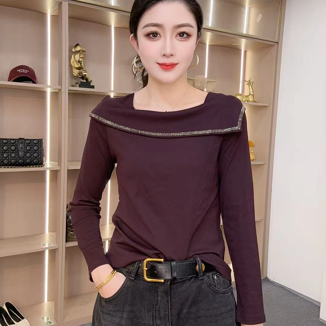 【众帆女装2】秋季时尚方领女长立体装饰烫钻修身气质拼接休闲上衣