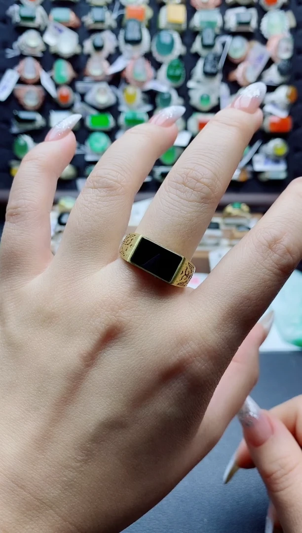 银S925镶嵌戒指翡翠一*天然翡翠A货男戒