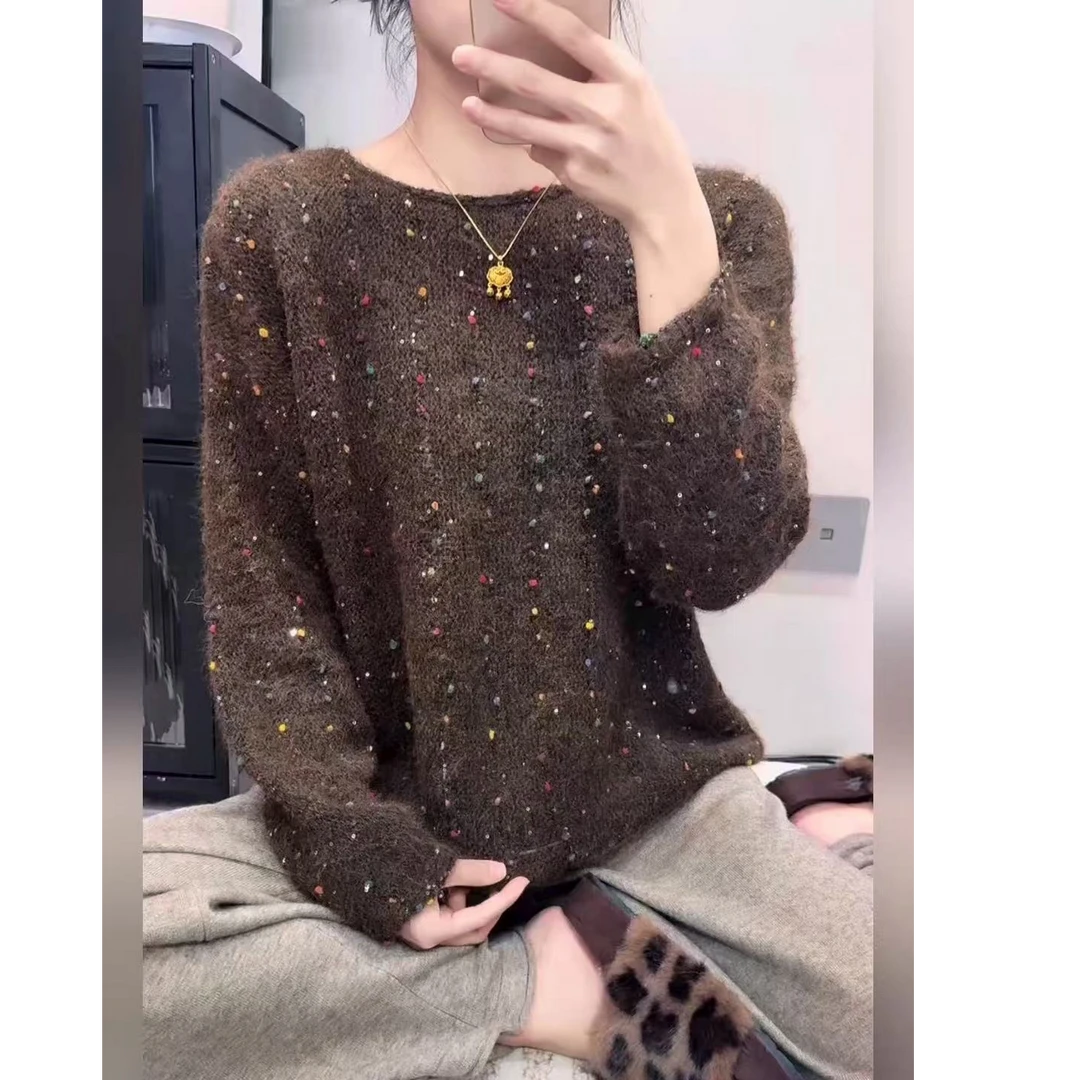 【彩豆亮片】慵懒风秋冬新款圆领深咖色针织衫毛衣女