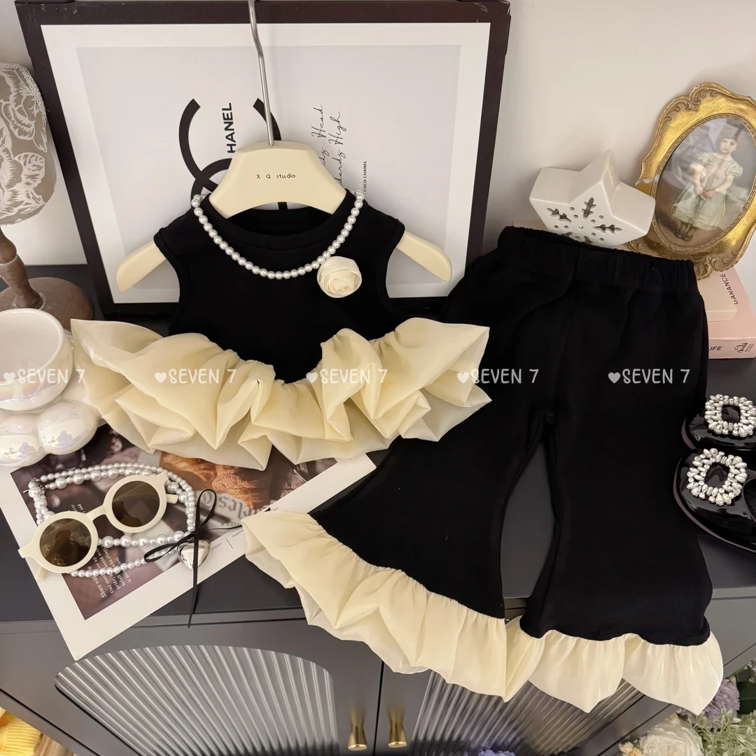 女童2025夏季韩版洋气新品黑天鹅休闲木耳边喇叭九分裤两件套装