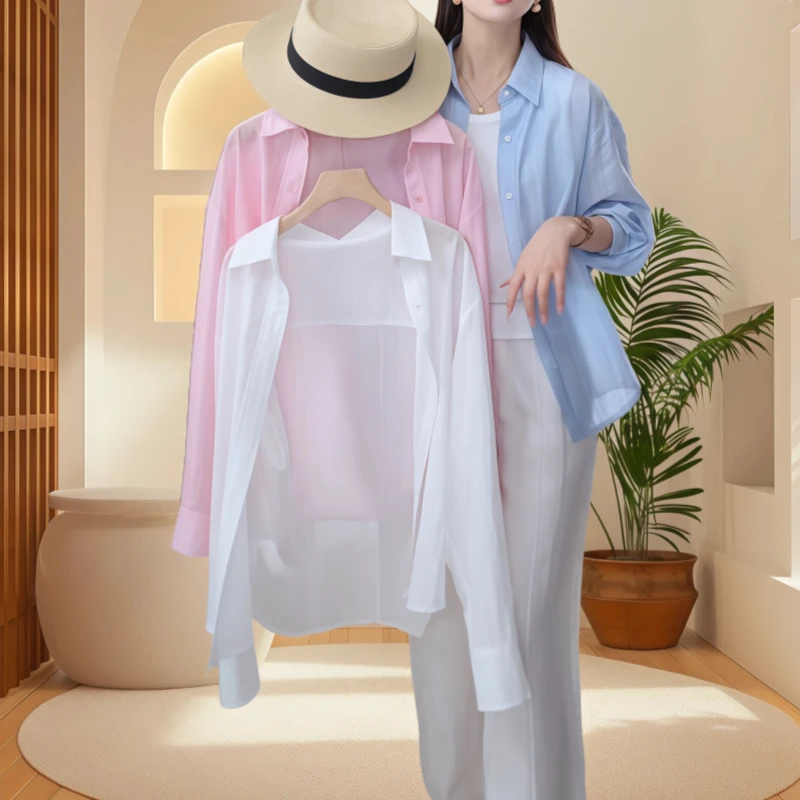 天丝防晒衬衫2025夏季时尚慵懒风通勤风刺绣衬衣洋气衣服女