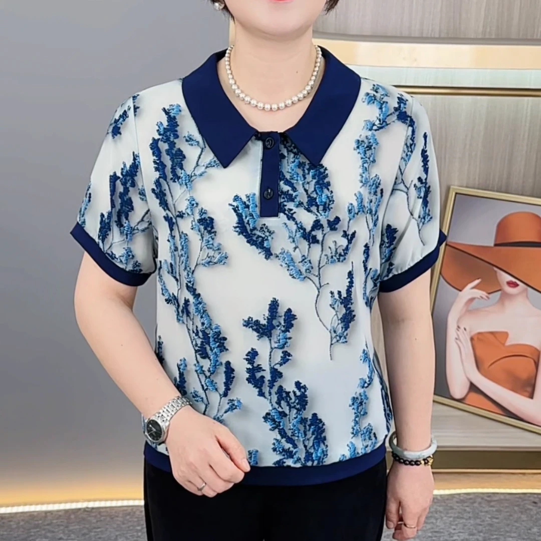 夏季新款精致娃娃领印花气质妈妈装宽松休闲百搭短袖上衣H5577