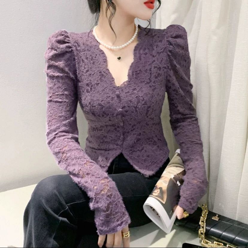 H62加绒打底衫女秋冬欧货性感V领蕾丝衫女长袖紧身内搭